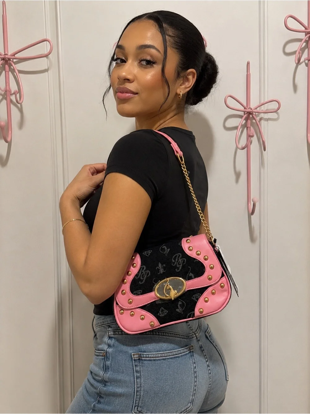 Baby Phat Pink Accent Studded Shoulder Bag